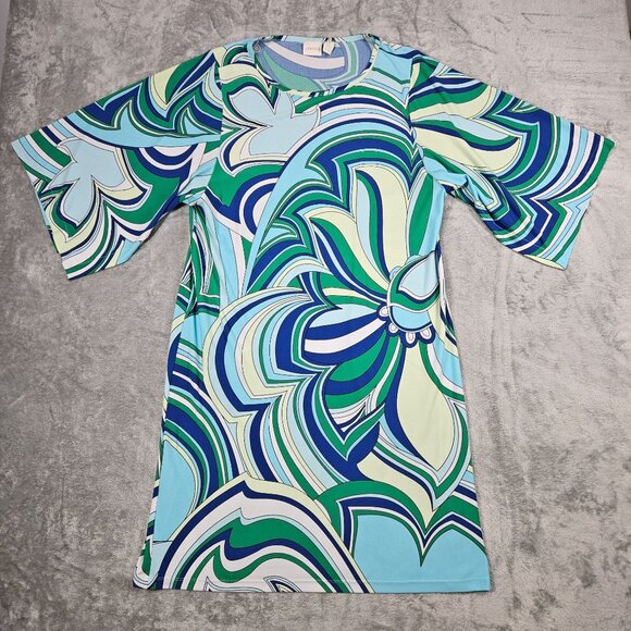 Chicos Dress Womens Large Blue Green Geometric Floral Stretch Mod Hippie Boho - Picture 1 of 13